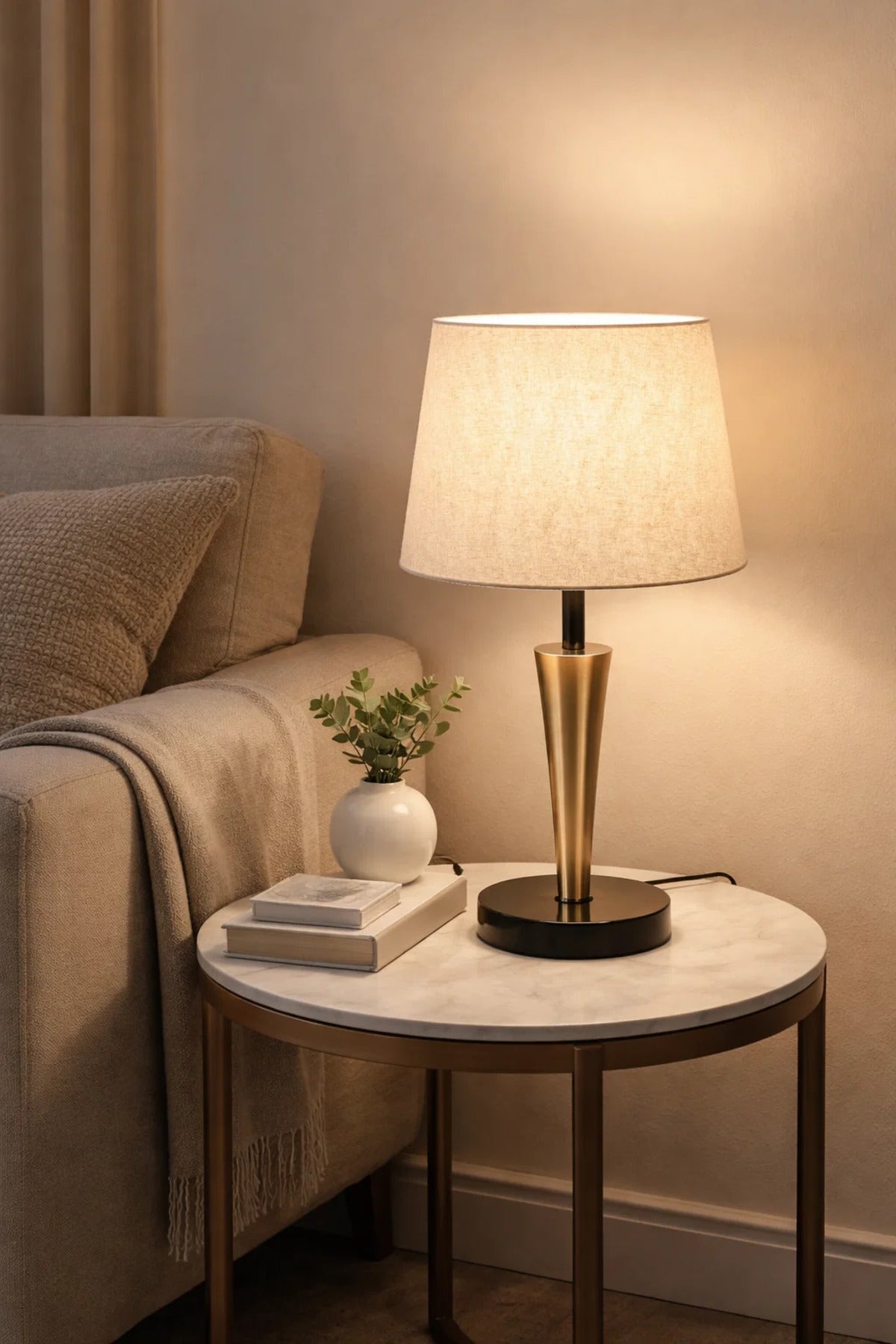 Modern Table Lamp Bedside Lighting with Fabric Shade and Gold Metal Base
