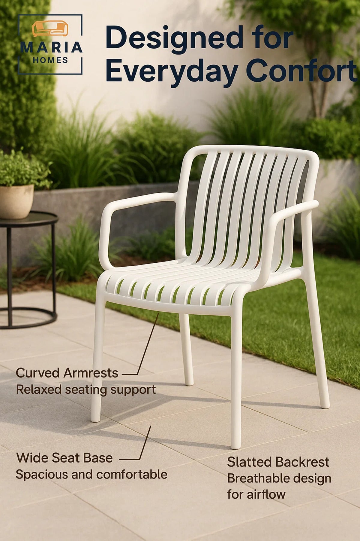 White Plastic Armchair with Slatted Design Ð Stackable Outdoor Chair for Garden or Patio