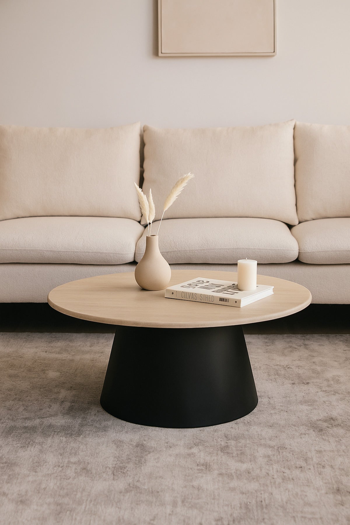 Modern Round Coffee Table with Wooden Top and Black Base Stylish Center Table 90_45cm
