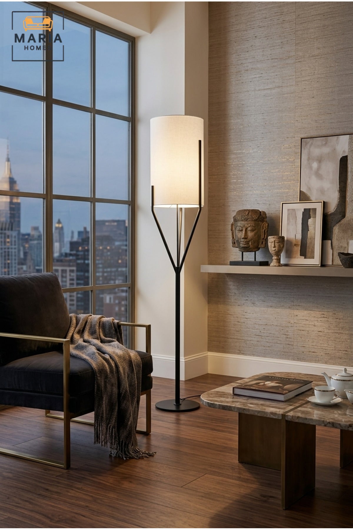 Modern Tripod Floor Lamp with Tall Cylindrical Fabric Shade, Geometric Support Frame and Round Base Standing Light for Living Room Bedroom Office