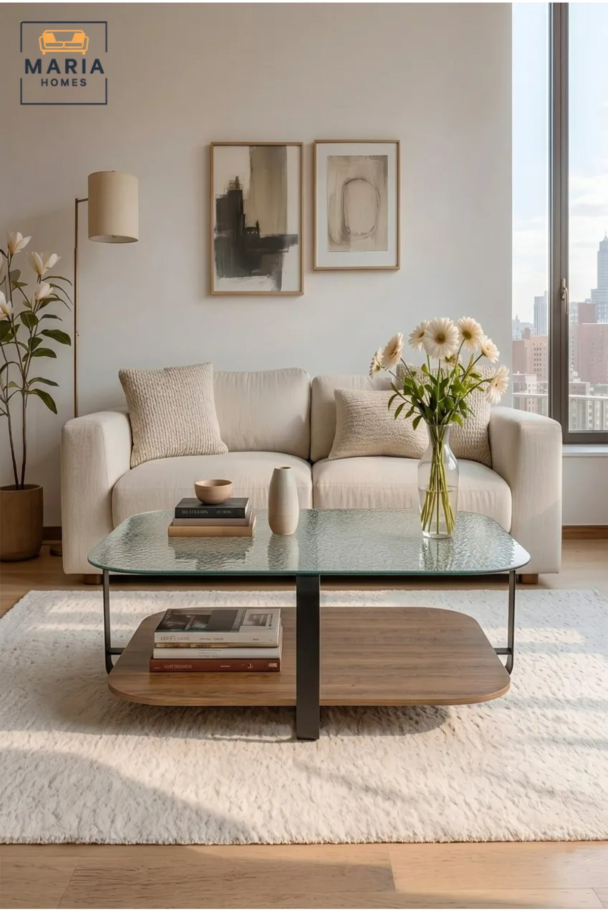 Modern Square Coffee Table with Textured Glass Top, Wooden Lower Shelf and Curved Frame, Two-Level Center Table for Living Room, Lounge and Office