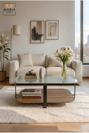 Modern Square Coffee Table with Textured Glass Top, Wooden Lower Shelf and Curved Frame, Two-Level Center Table for Living Room, Lounge and Office