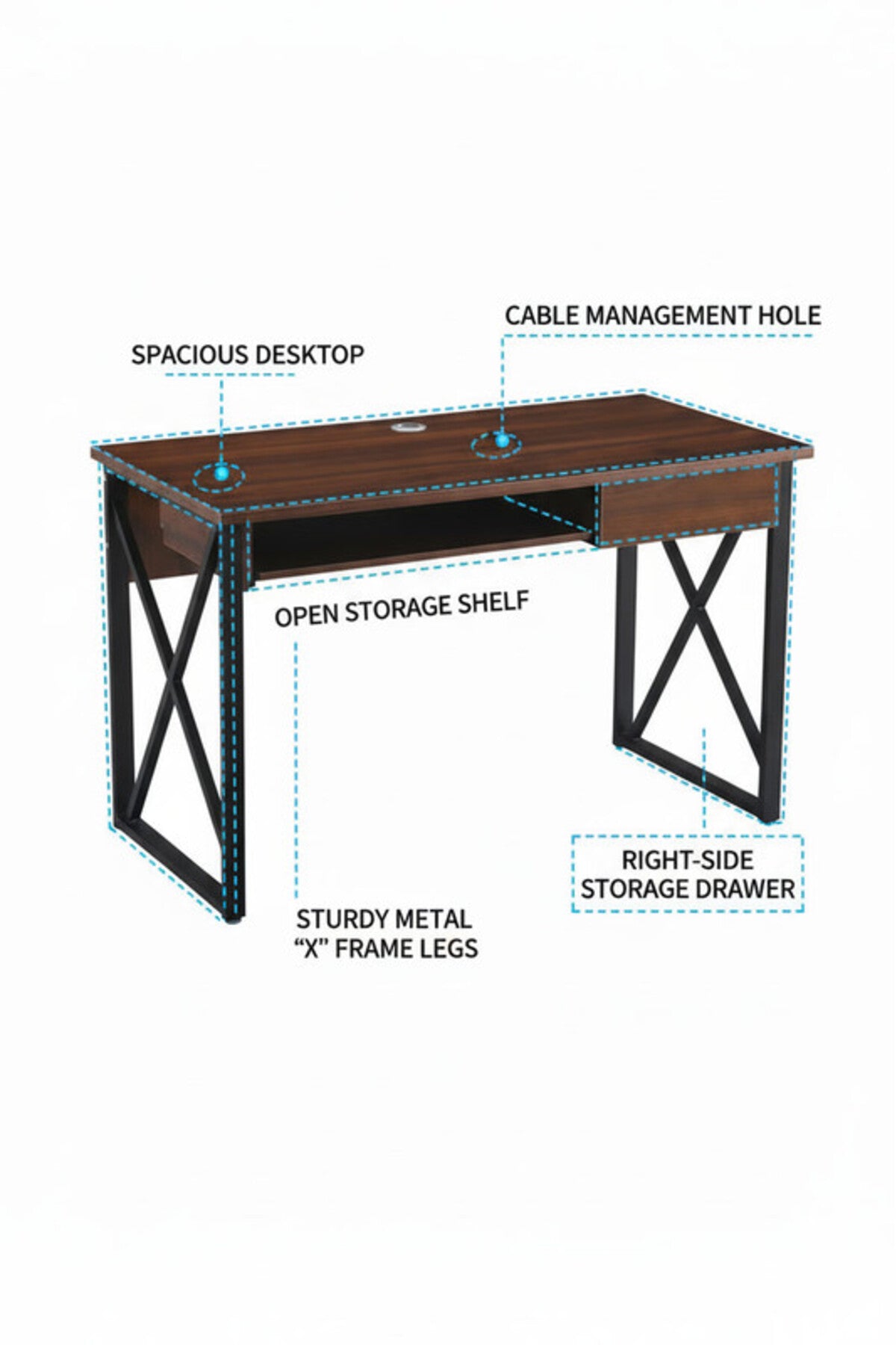 Stylish Brown Office Desk with White Metal Legs Modern Study Table for Home Workspace
