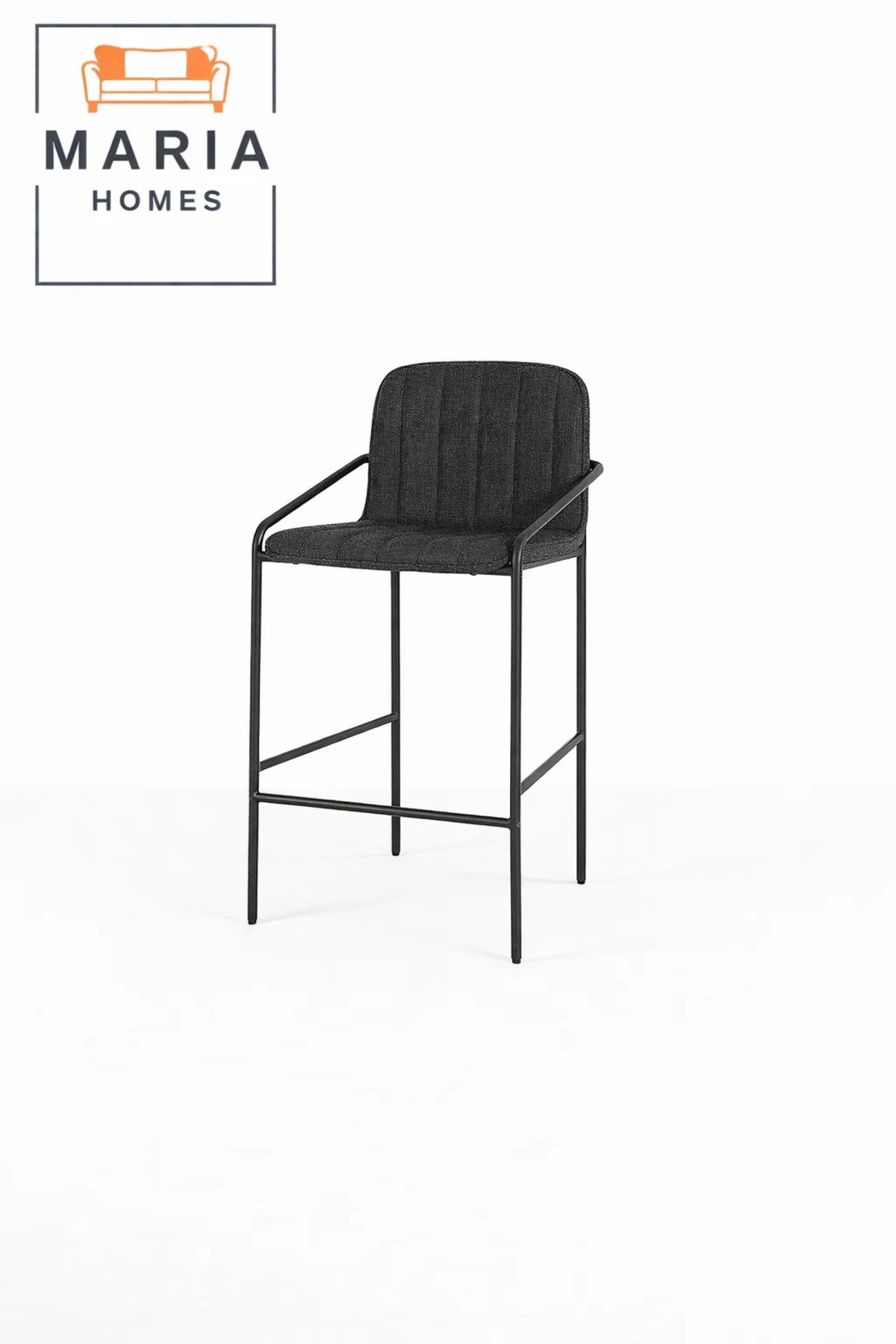 Deep Grey Upholstered Bar Stool with Black Metal Frame Ð Modern Counter Chair with Armrests
