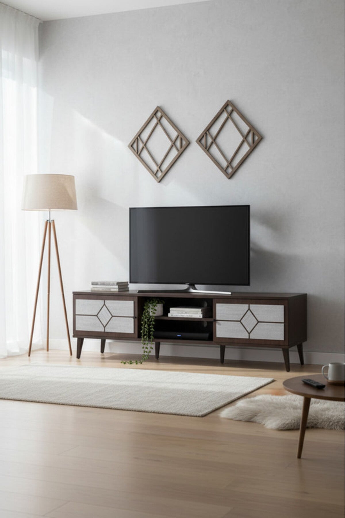 Modern Brown.G TV Table with Storage Cabinets & Open Shelving Unit