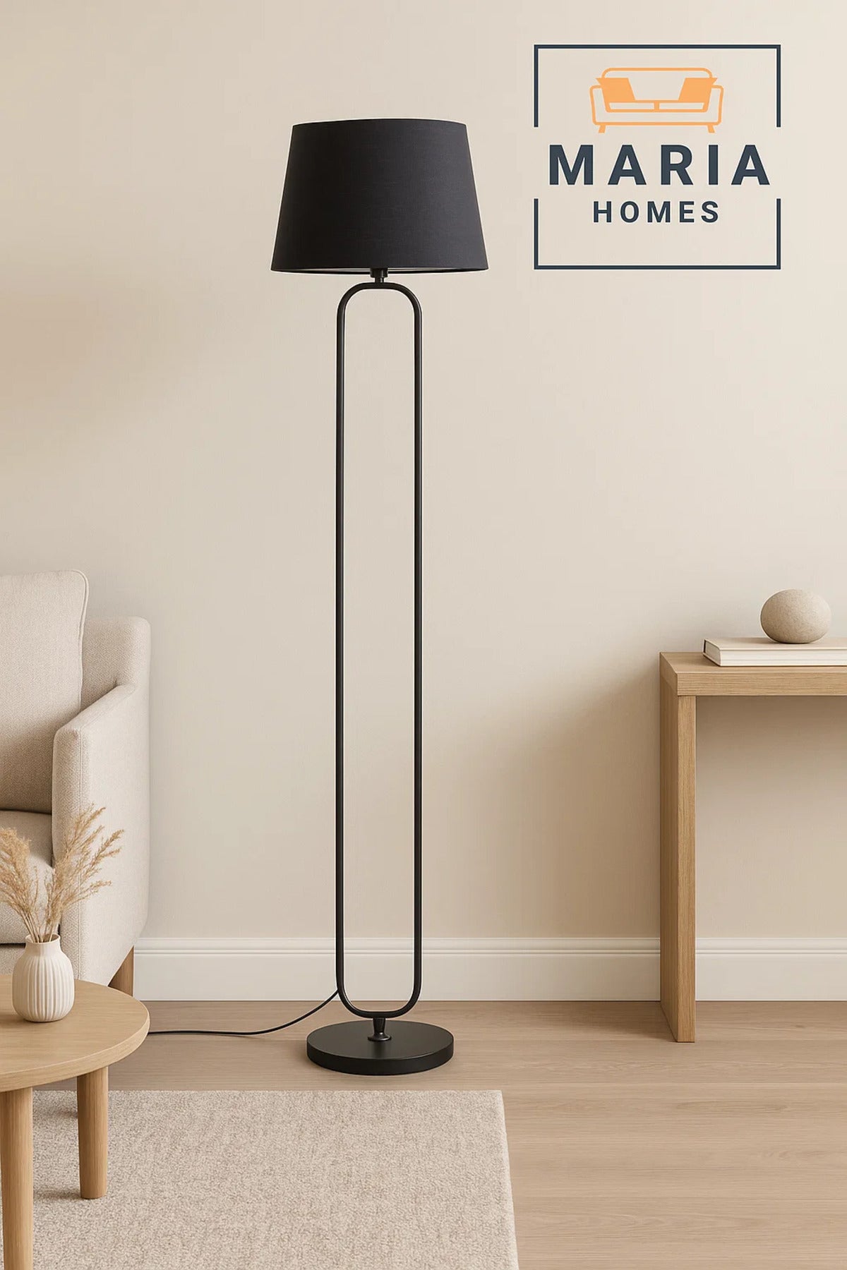 Modern Black Floor Lamp with Oval Frame and Fabric Shade