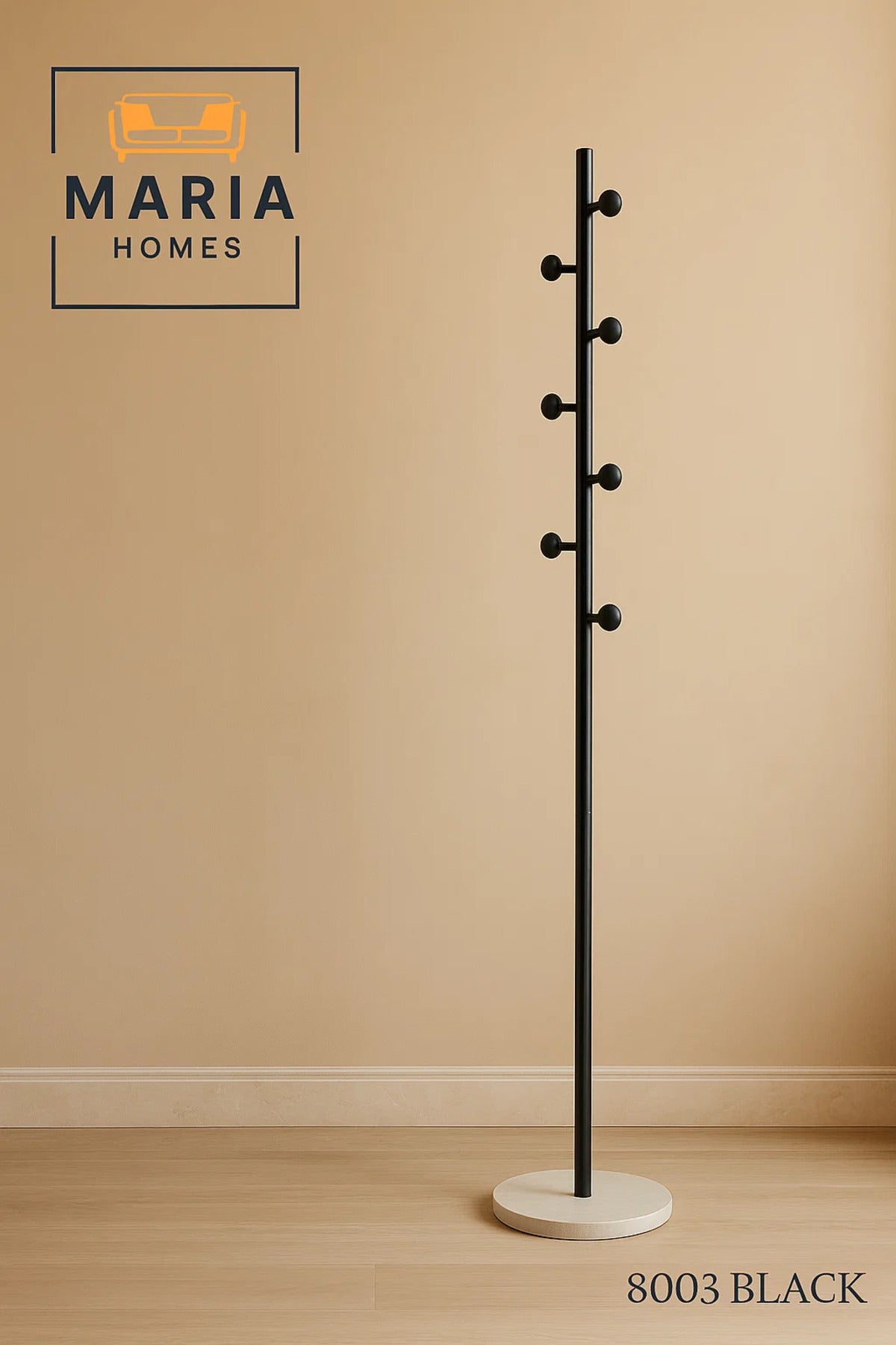Black Modern Coat Rack with Rounded Hooks and Marble Base