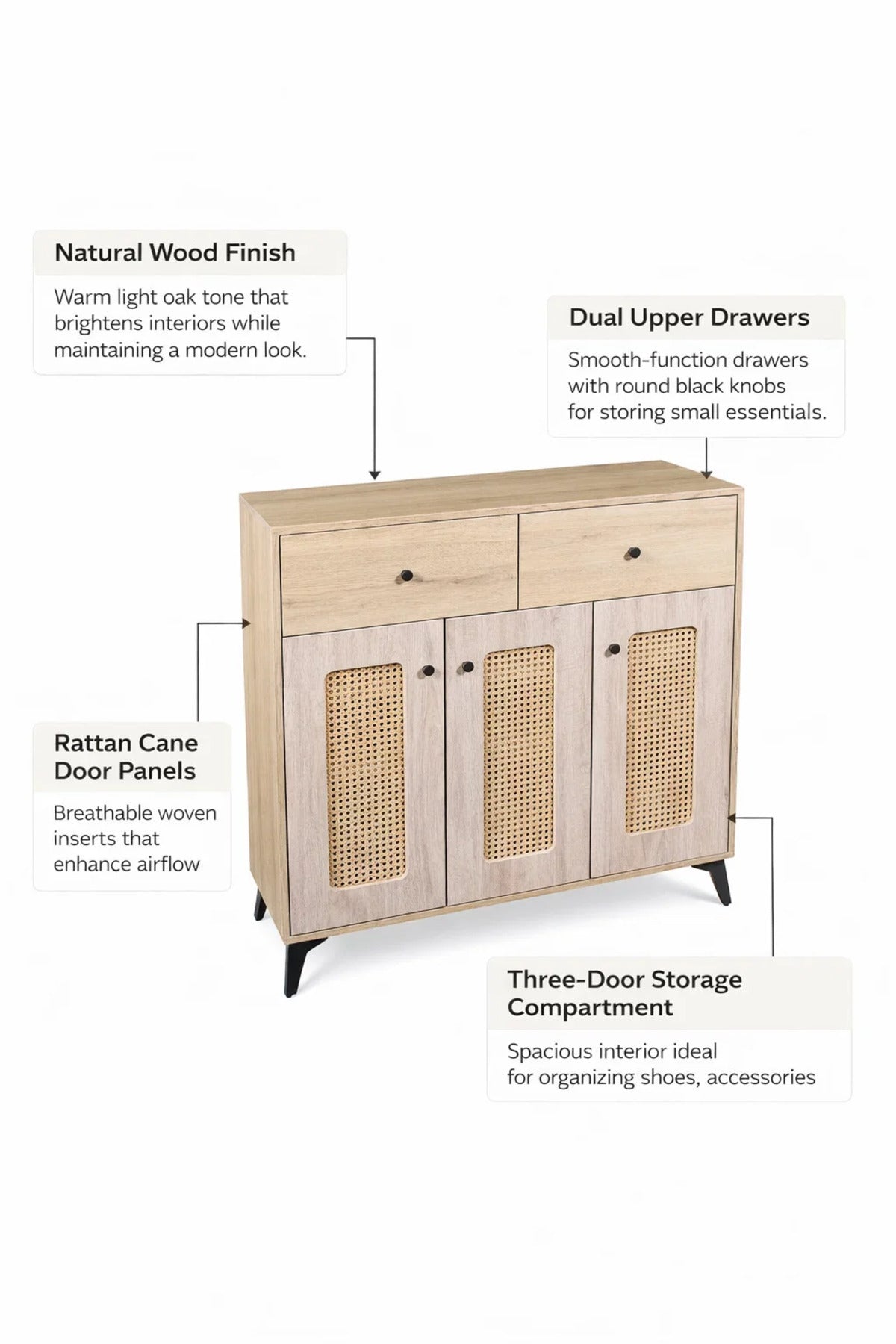 Wooden Shoe Cabinet with Rattan Doors and Drawers - Modern Storage Console for Hallway Entryway