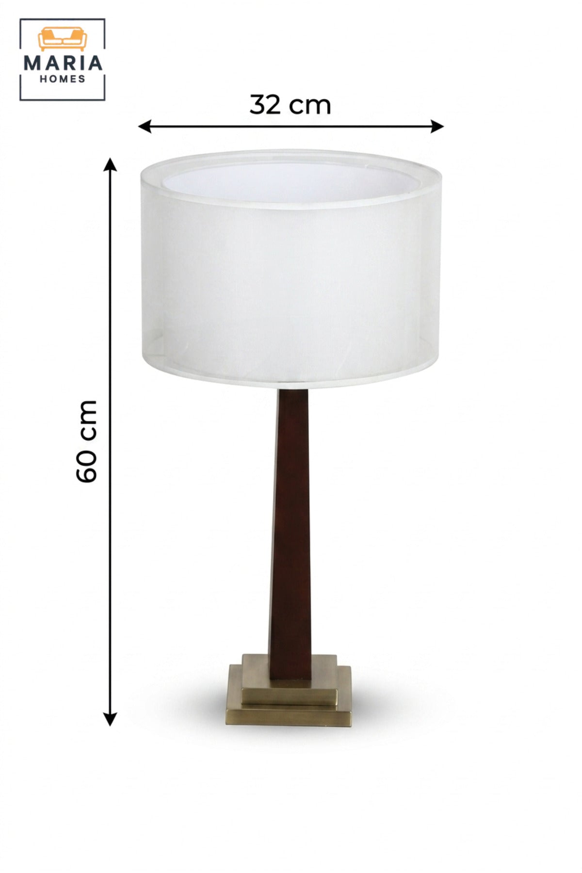 Modern Wooden Table Lamp with White Double Layer Drum Shade, Slim Tapered Base and Gold Tone Accents for Bedroom, Living Room, Office and Hotel