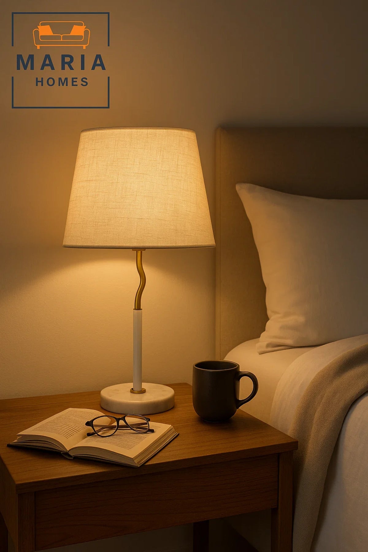 White Marble Table Lamp with Curved Gold Neck