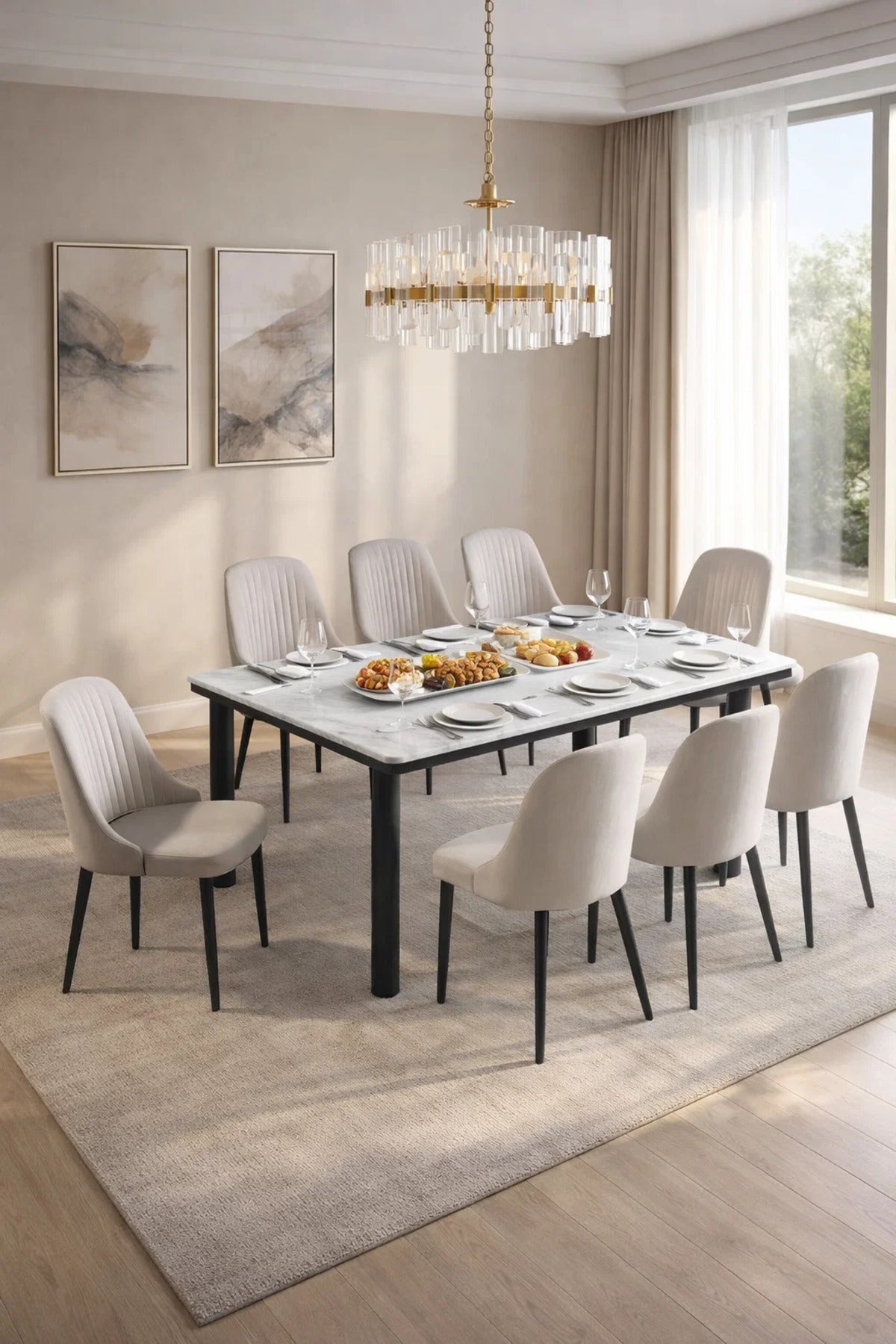 Modern 9-Piece Dining Set Faux Marble Table 180cm with 8 Light Grey Velvet Upholstered Chairs