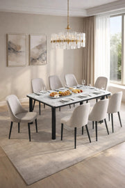 Modern 9-Piece Dining Set Faux Marble Table 180cm with 8 Light Grey Velvet Upholstered Chairs