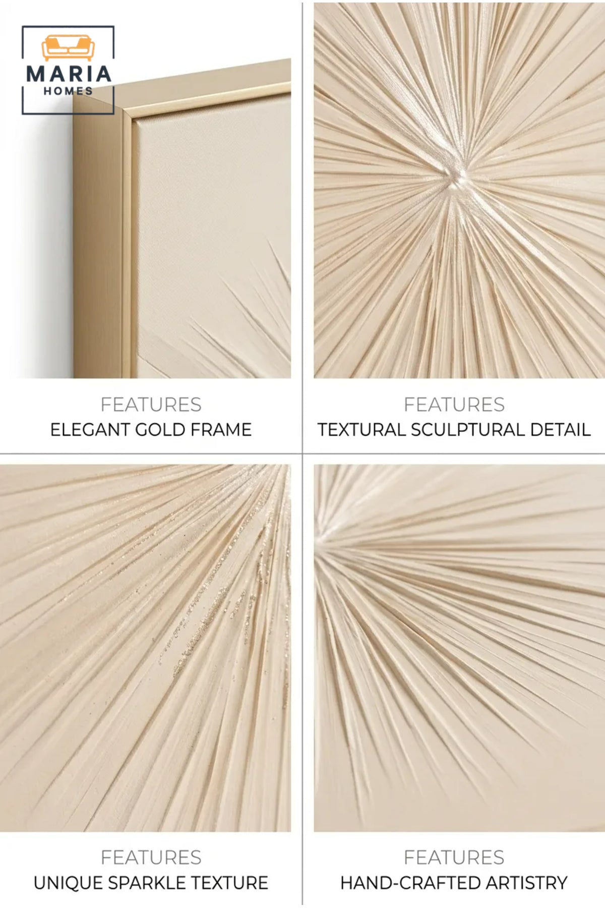 Beige Sunburst Abstract Wall Art with Gold Frame √ê Luxury Modern Textured Decorative Artwork