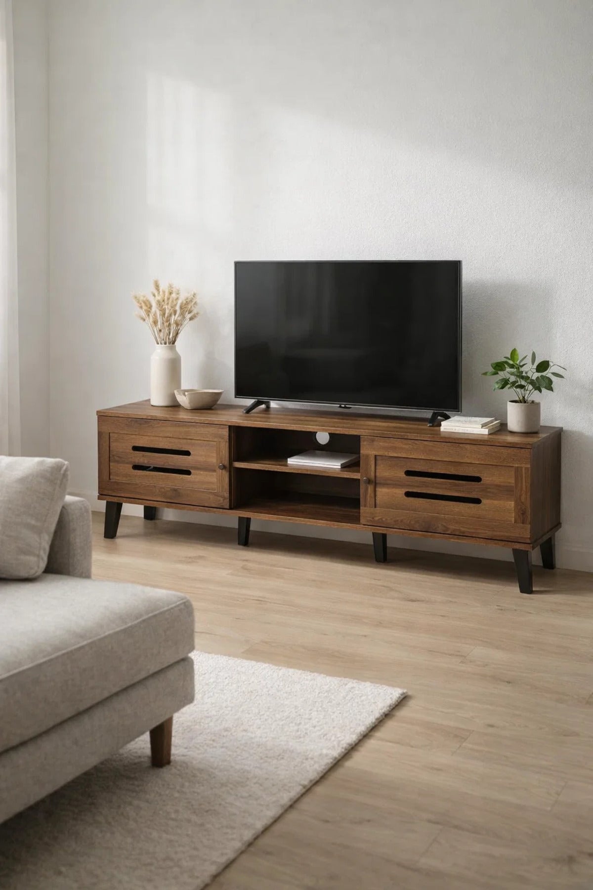 Modern Wooden TV Stand Dark Brown with Slotted Front Design 160 x 40 x 44 cm