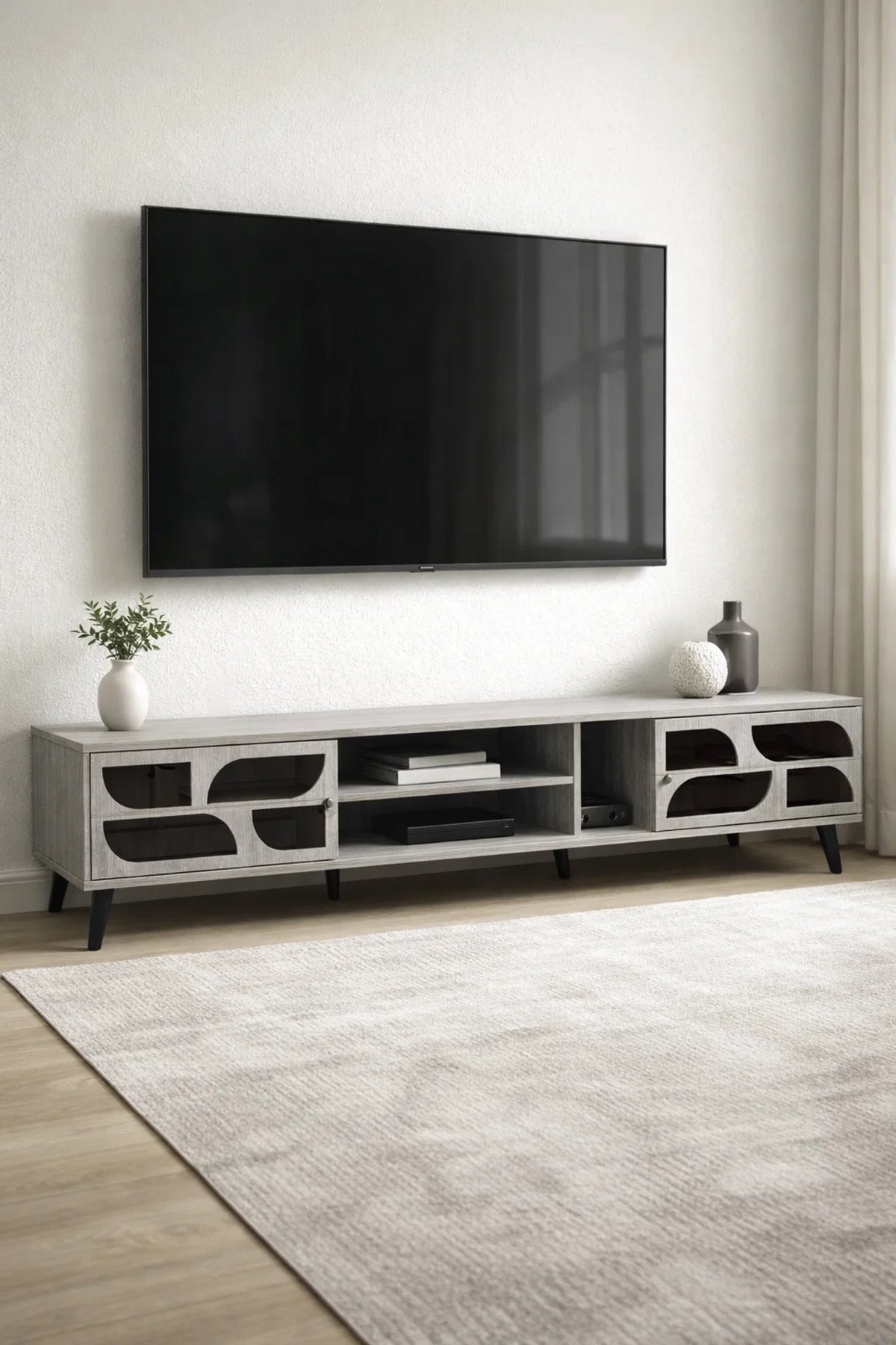 Premium 200cm TV Unit Modern Grey Media Console with Stylish Storage Doors for Living Room Decor