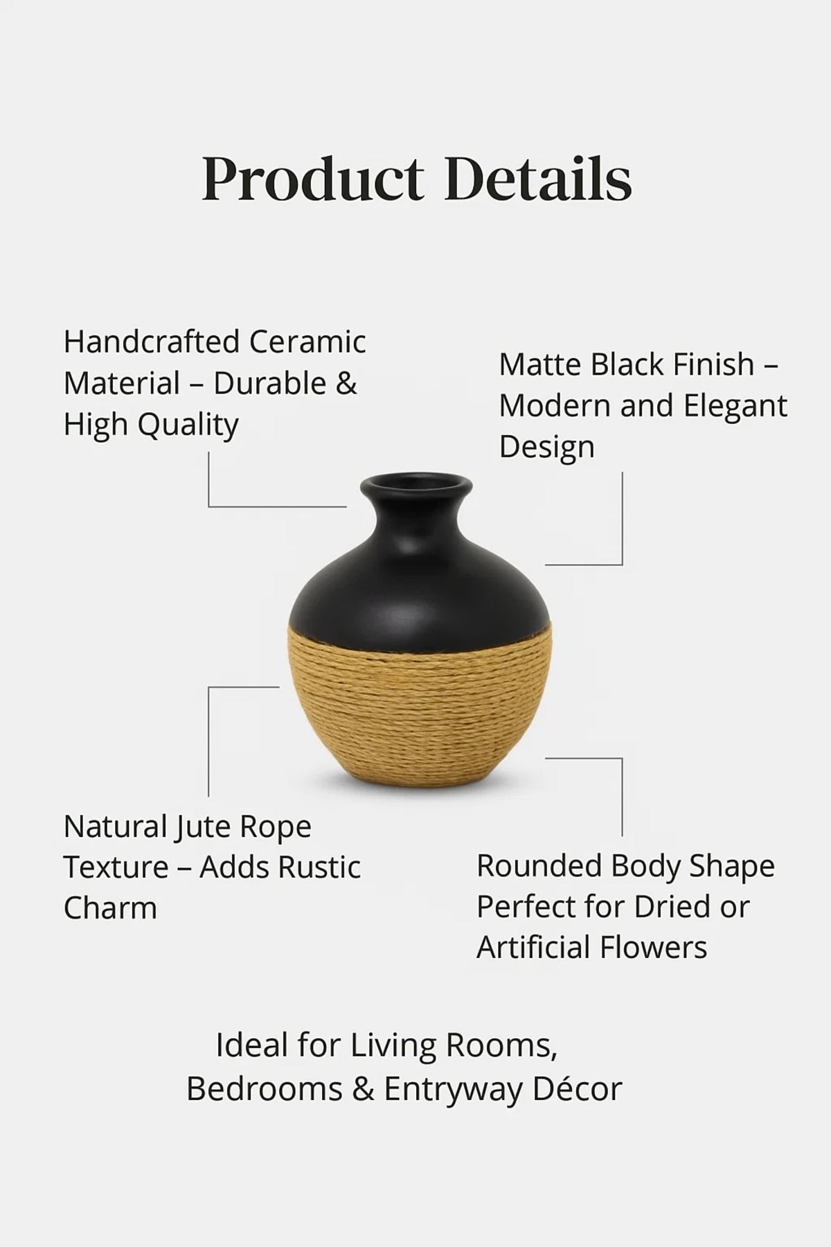 Black Ceramic Round Vase Ð Modern Decorative Rope Design Flower Pot for Home DŽcor