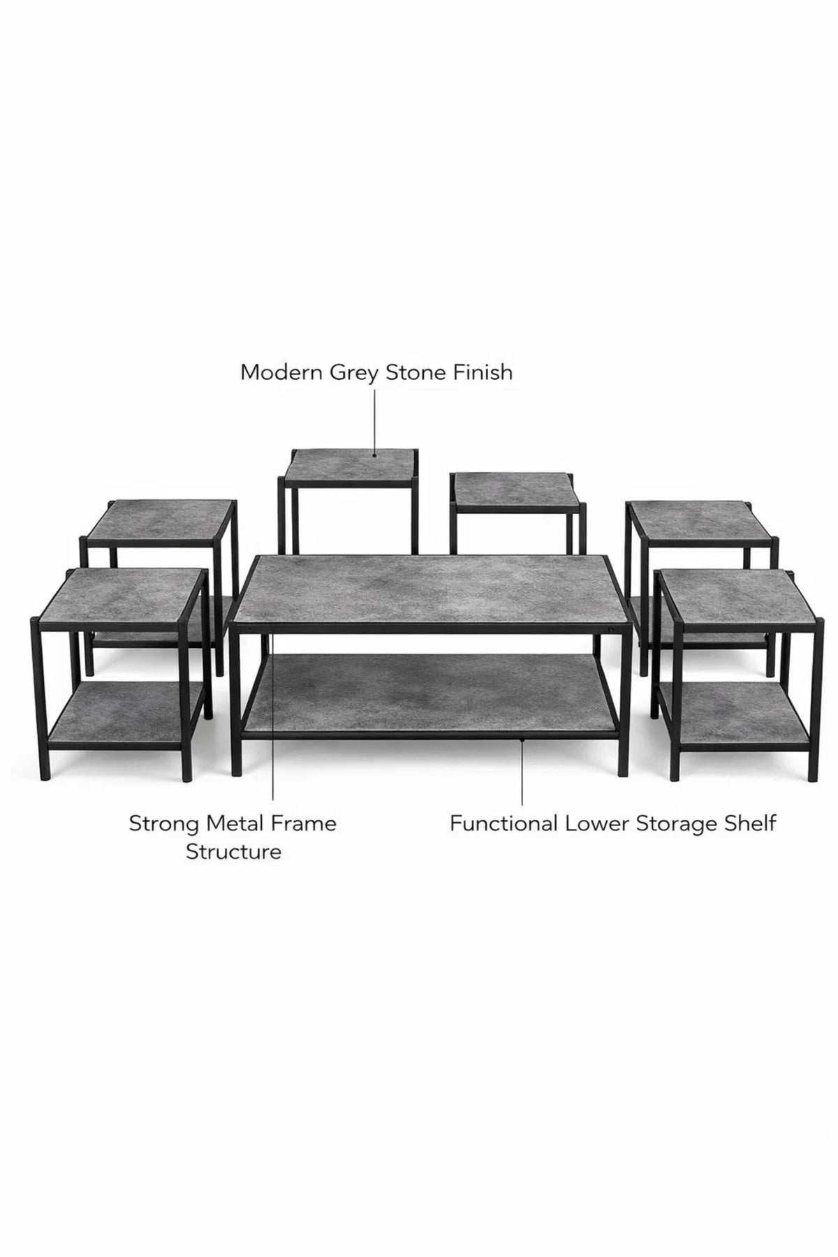 Modern Grey Coffee Table Set with 6 Side Tables and Shelf modern grey coffee Center