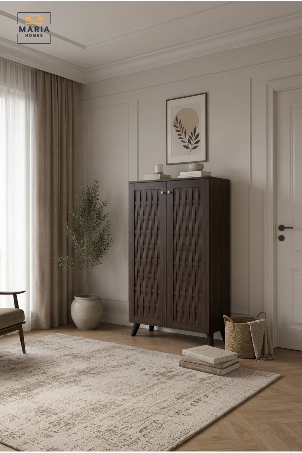 Dark Walnut Shoe Storage Cabinet with Woven Door Design √ê Modern Entryway Organizer