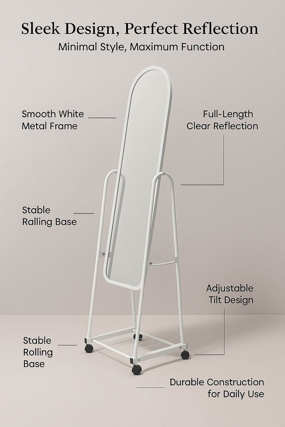Full-Length Standing Mirror with Wheels Ð White Metal Frame Dressing Mirror with Bottom Shelf