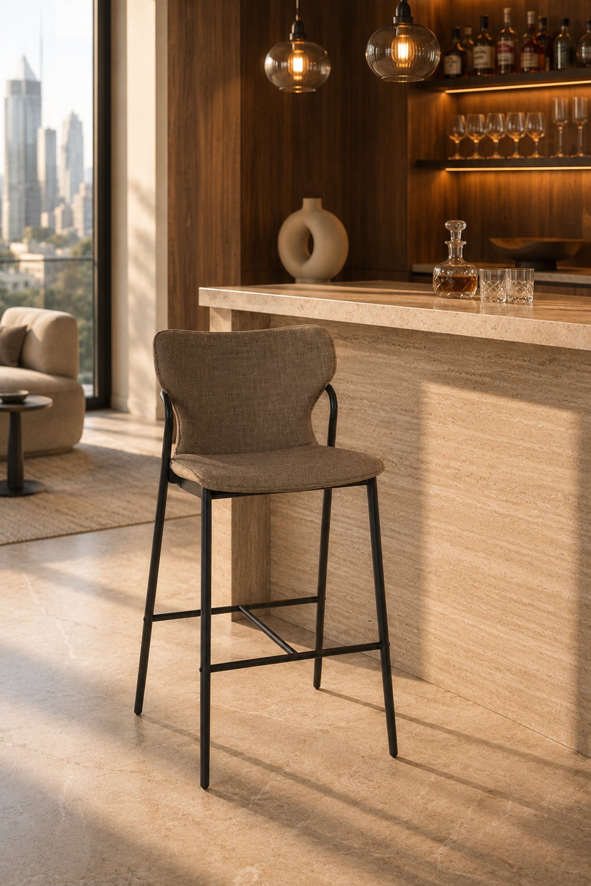 Modern Upholstered Bar Stool with Curved Backrest & Metal Frame - Counter Height Chair for Kitchen &