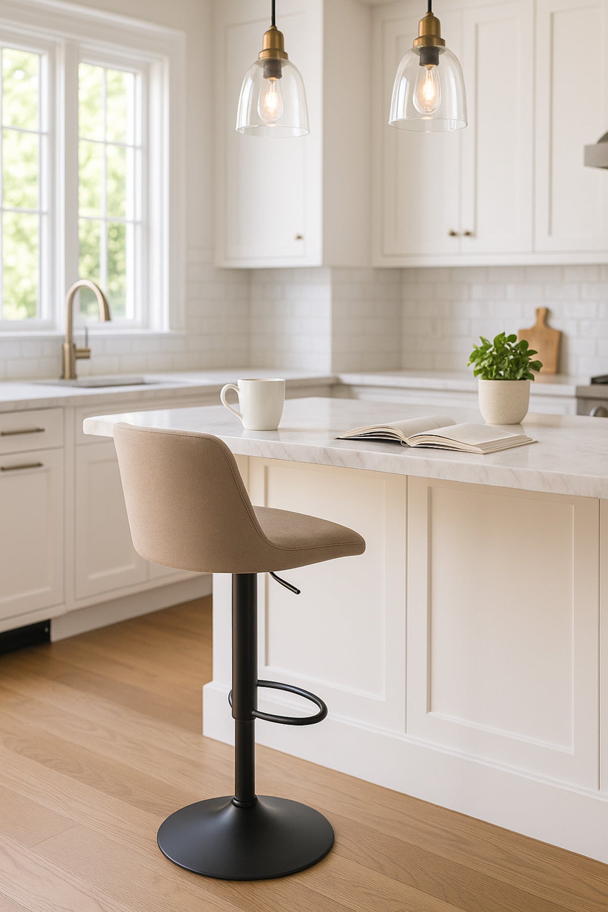 Khaki Adjustable Bar Stool with Backrest & Footrest Ð Modern Counter Chair