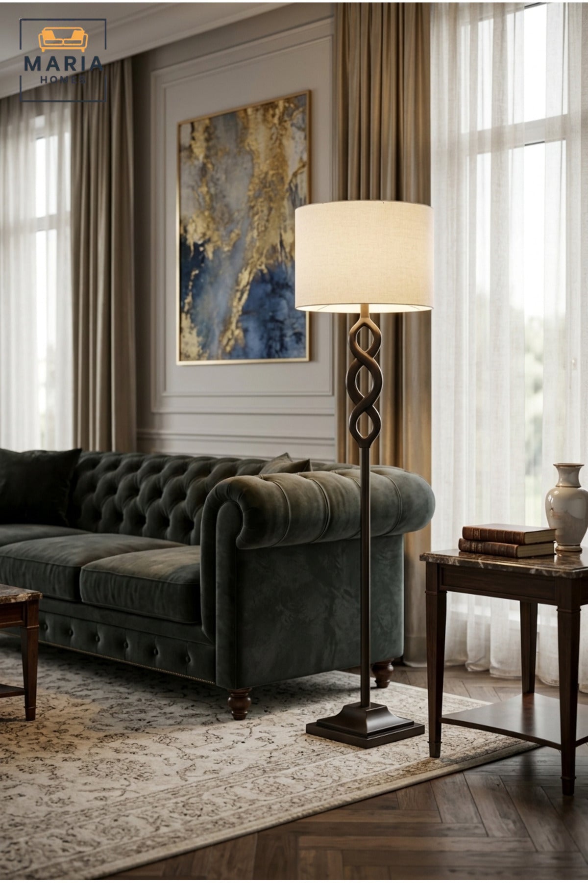Elegant Floor Lamp with Interlocking Loop Design, Fabric Drum Shade and Stepped Square Base Decorative Standing Light for Living Room Bedroom and Office