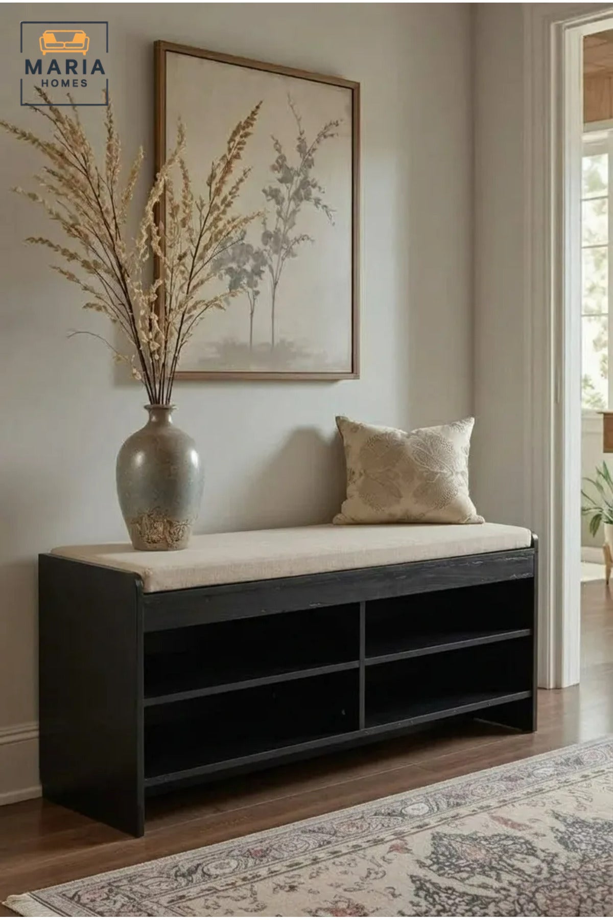 Wooden Shoe Storage Bench with Cushioned Seat and Open Shelves, Entryway Organizer Rack for Hallway, Bedroom, Dressing Room