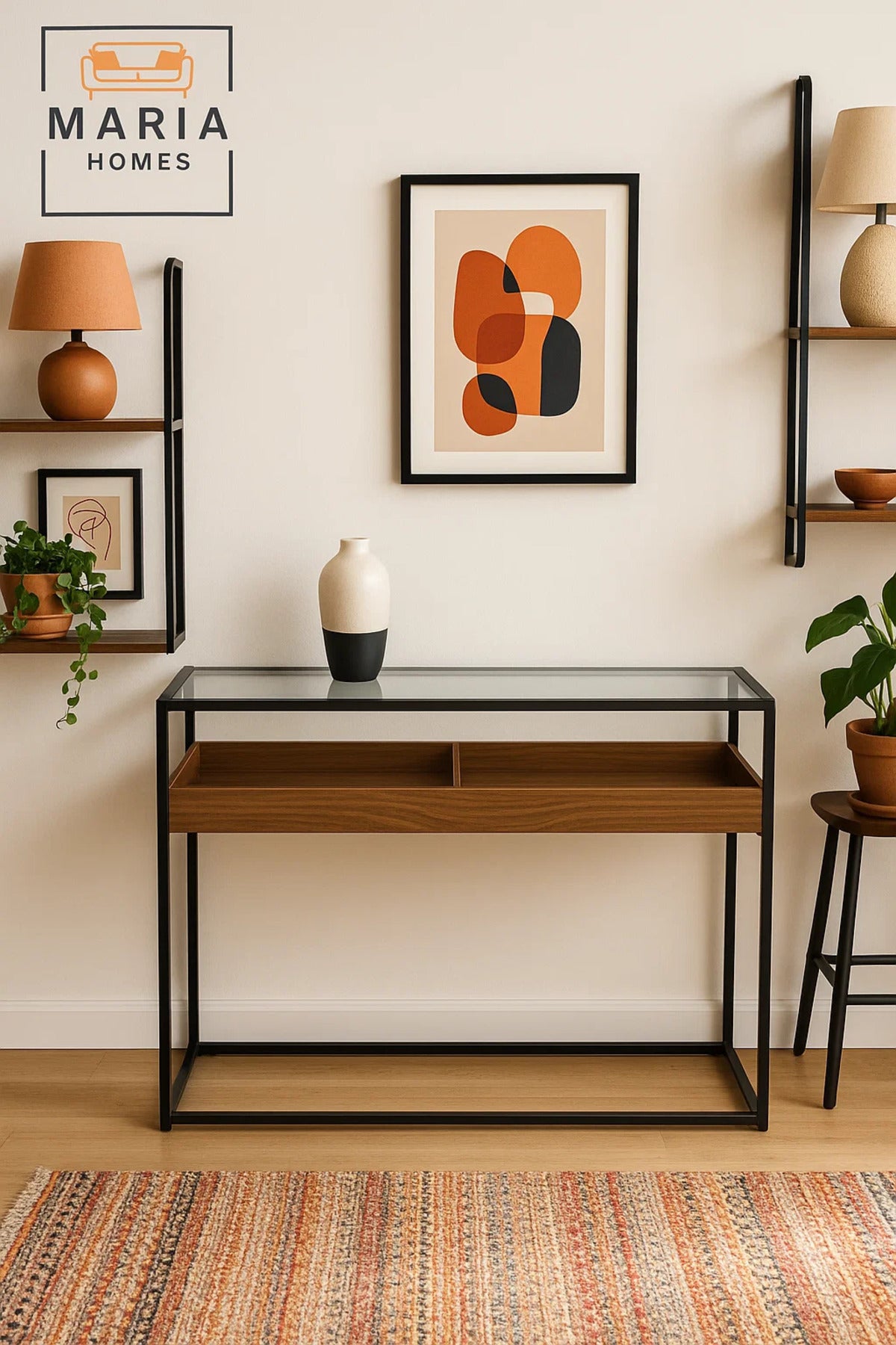 Glass Top Display Console Table with Wood Tray Ð 120x80x85cm Industrial Modern Storage Table