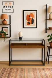 Glass Top Display Console Table with Wood Tray Ð 120x80x85cm Industrial Modern Storage Table