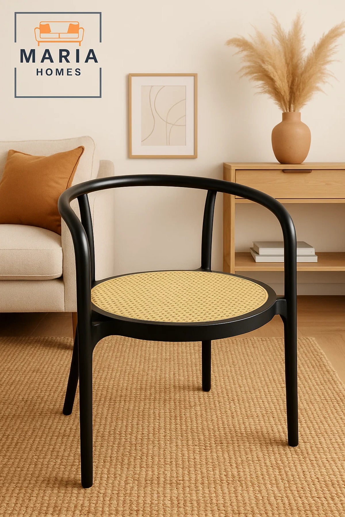 Modern Black Cane Armchair Ð Round Back Wood Chair with Woven Rattan Seat for Dining or Lounge