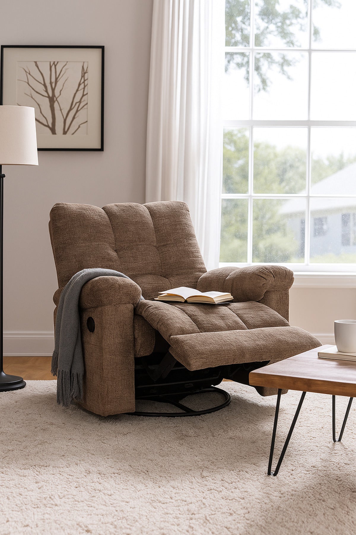 Brown Fabric Recliner Chair with Swivel, Rocking & Footrest Ð Comfortable Lounge Seating