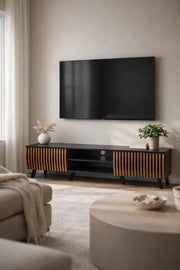 Modern Wooden TV Stand Black and Dark Brown with Slatted Design 160 x 40 x 43 cm