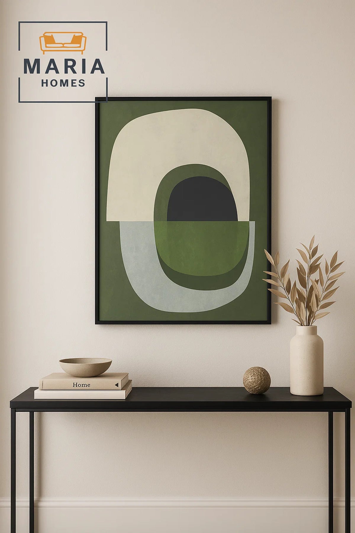 Framed Abstract Wall Art Ð Green & Neutral Organic Shapes Composition and 120*80 cm