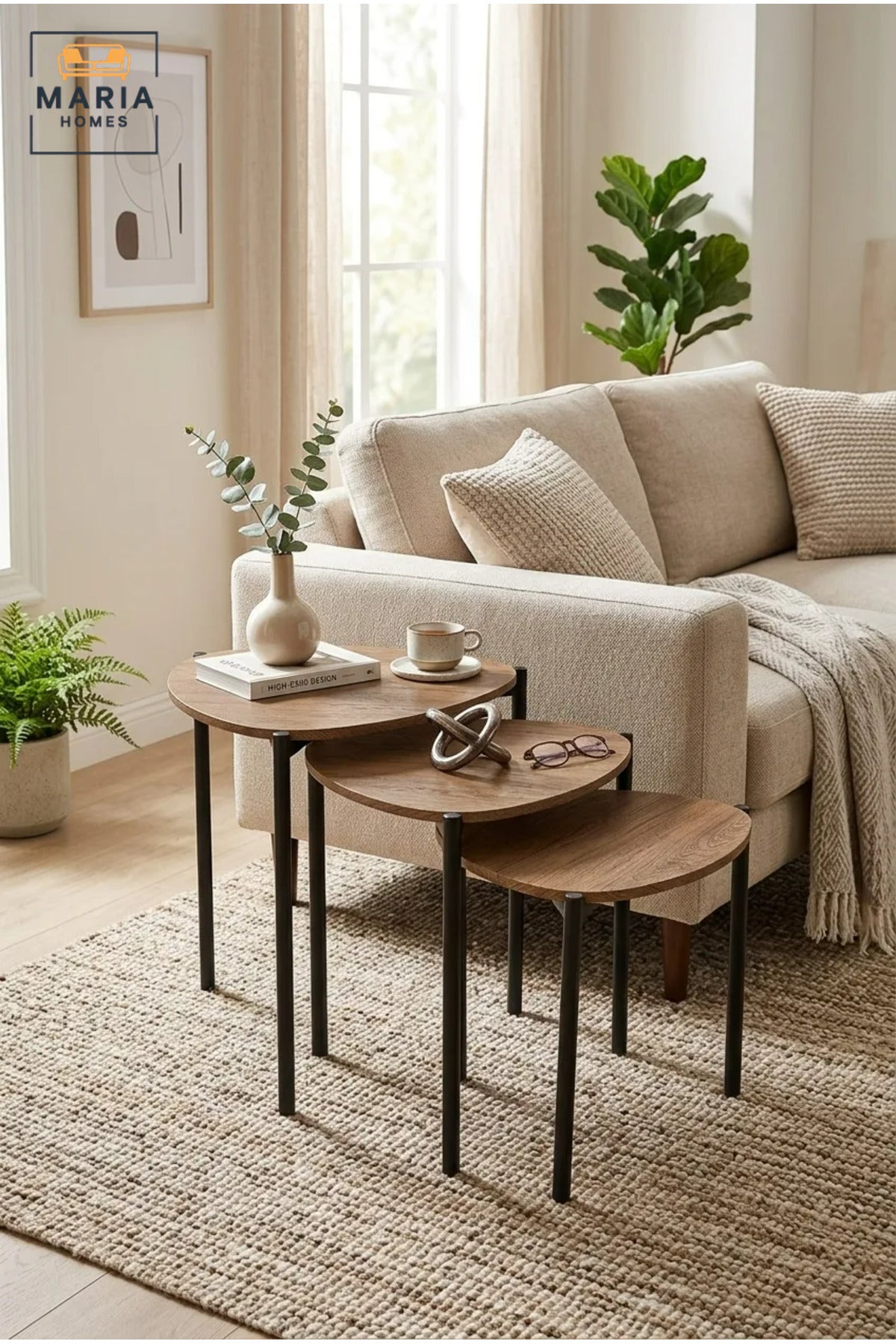 Set of 3 Nesting Coffee Tables with Wooden Tops and Slim Metal Legs, Space-Saving Side Tables for Living Room, Bedroom, Lounge and Office