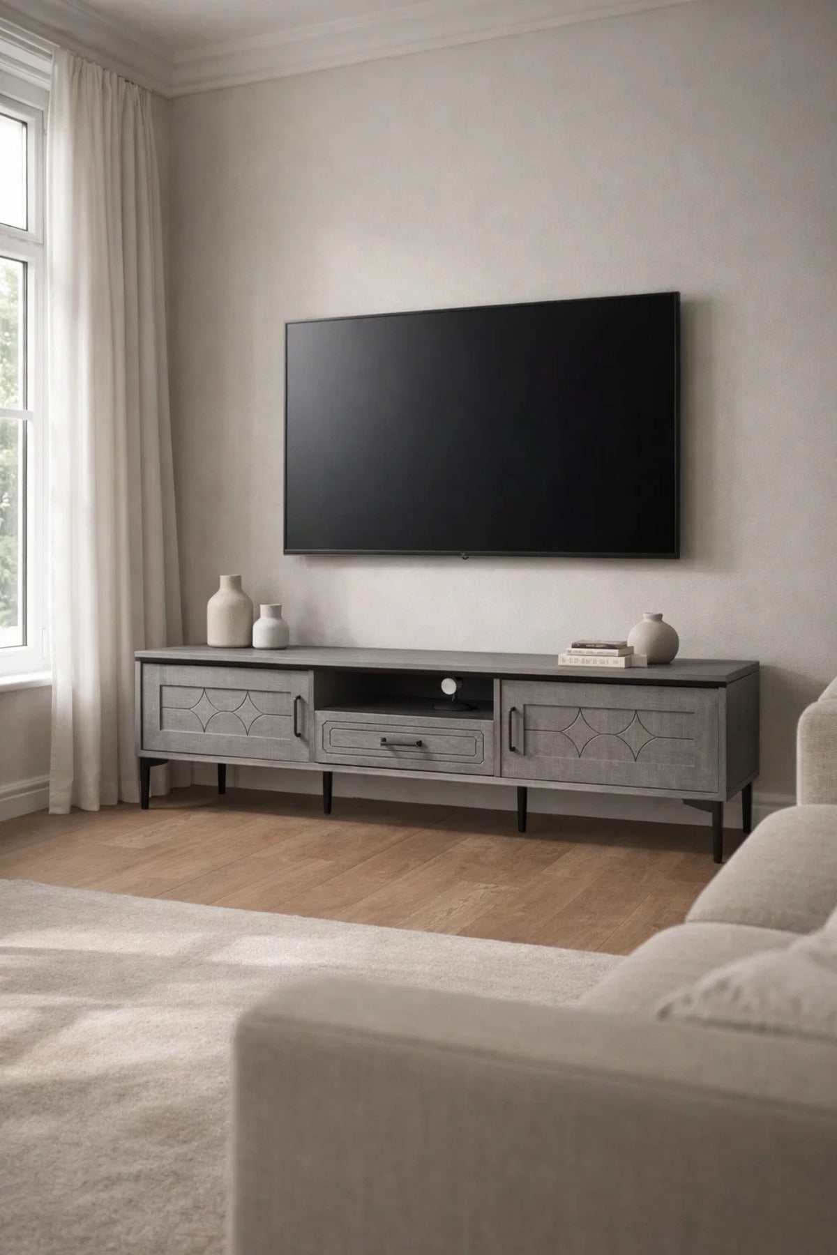 Grey TV Stand √ê 180x40x46 cm Modern Plasma Table with Cabinets & Drawer