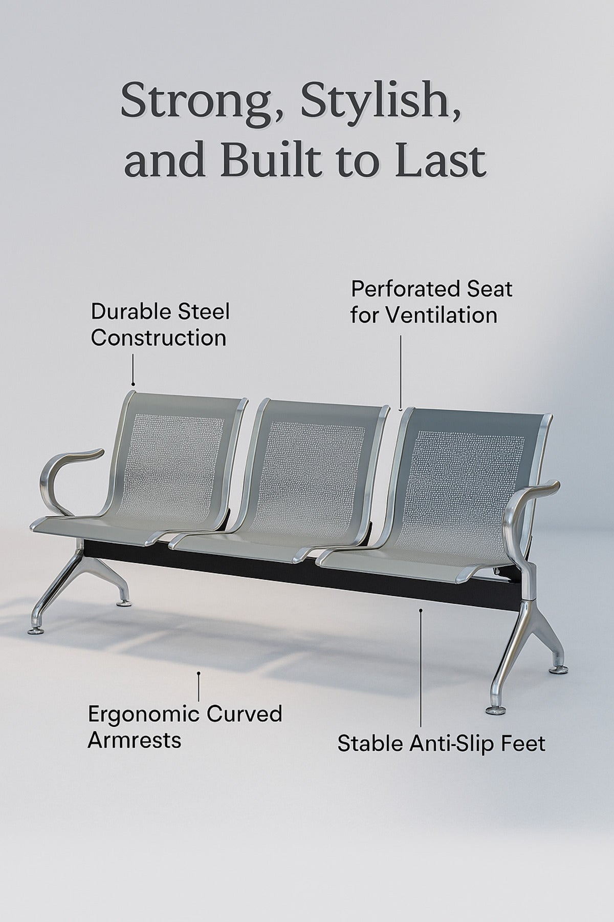 Silver 3-Seater Waiting Chair Ð Durable Metal Frame Bench for Hospital & Reception 175_68_78 cm