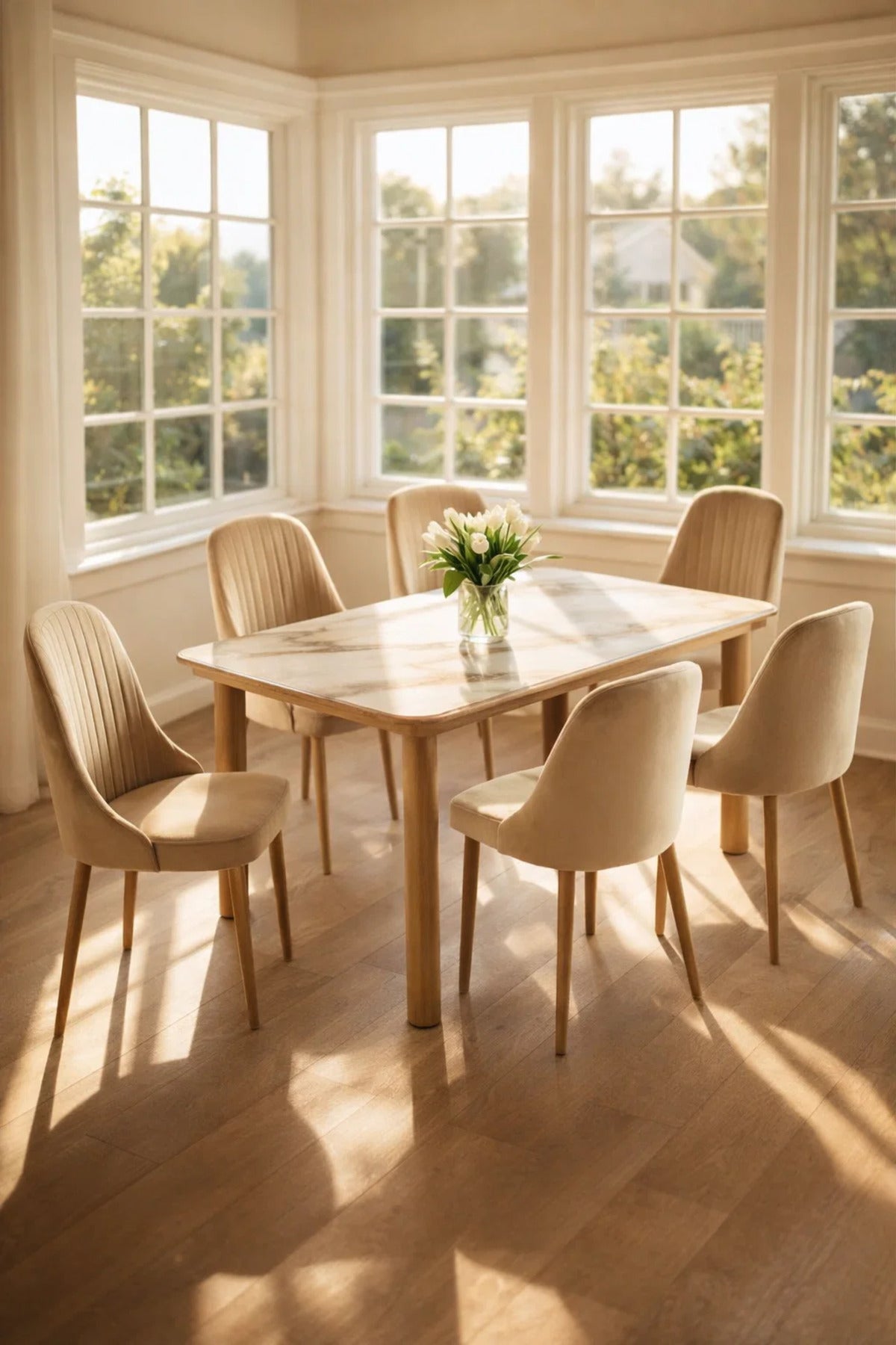 Elegant 7 Piece Dining Table Set Faux Marble Top 6 Beige Velvet Chairs Solid Wood Legs Modern