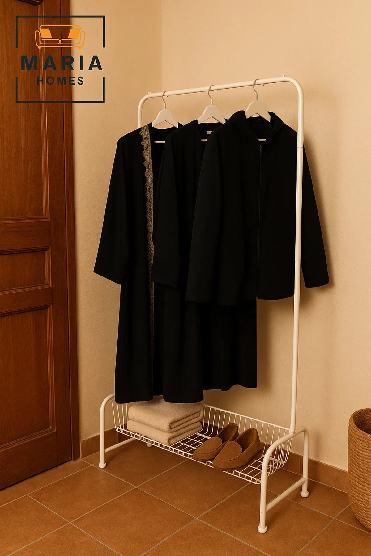 White Steel Garment Rack with Bottom Storage Basket