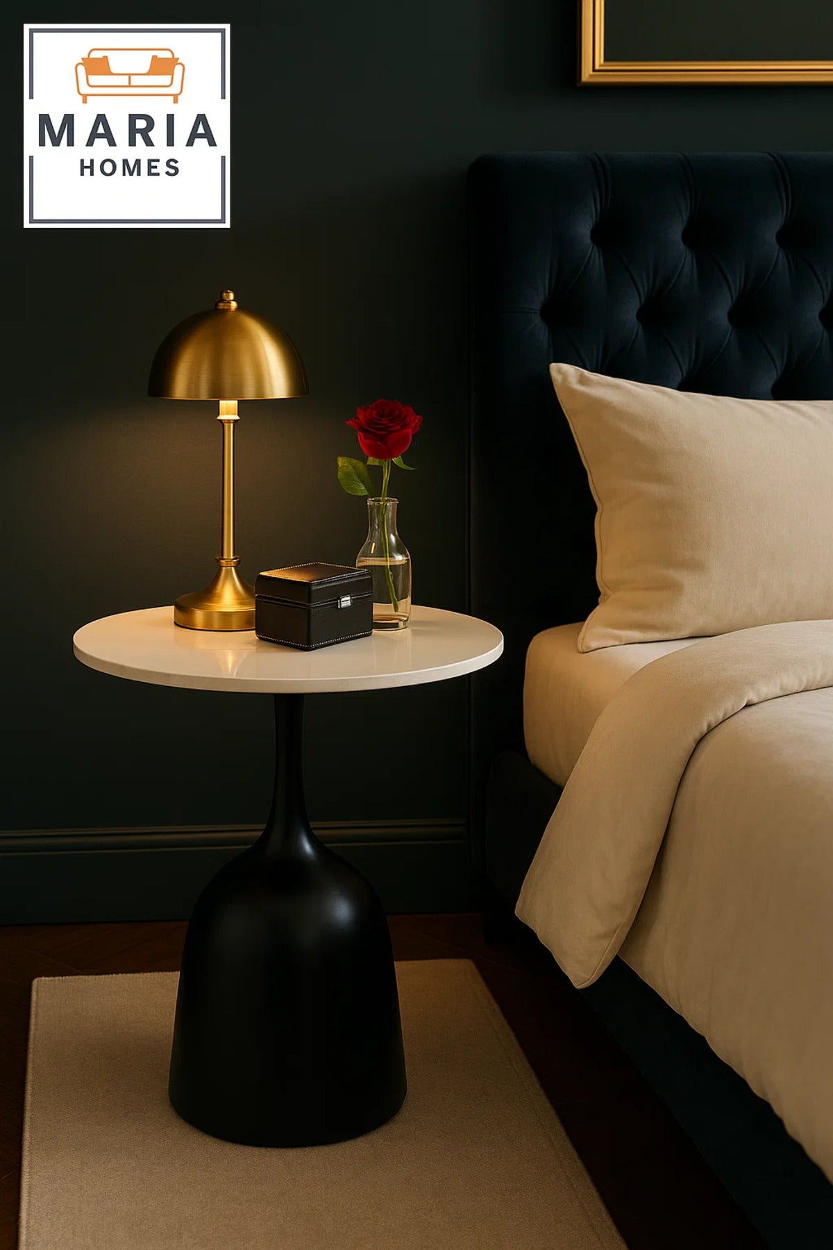 Modern Round Side Table with White Top and Black Curved Base