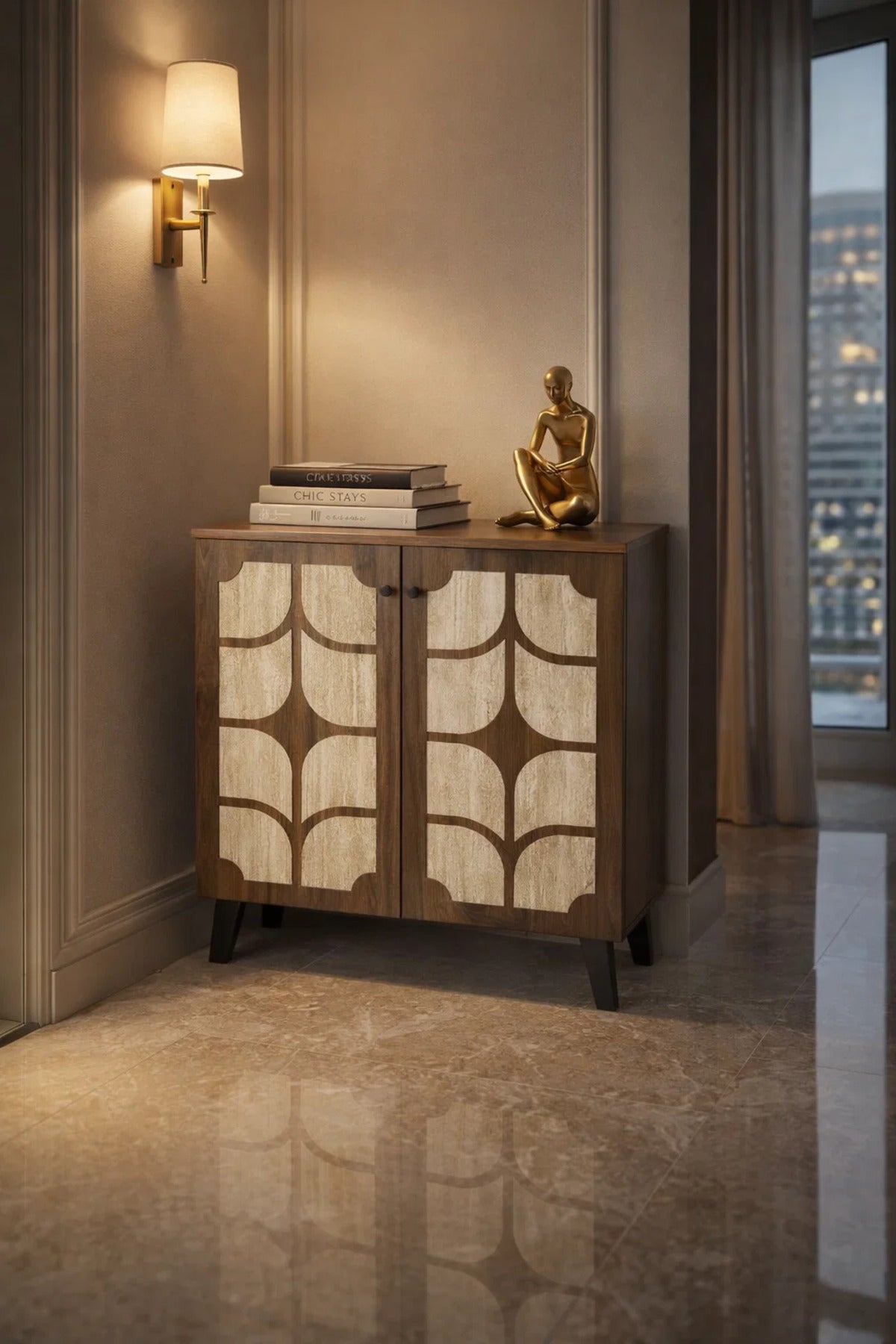 Dark Brown and Beige Shoe Cabinet with Decorative Pattern 80 x 32 x 93 cm