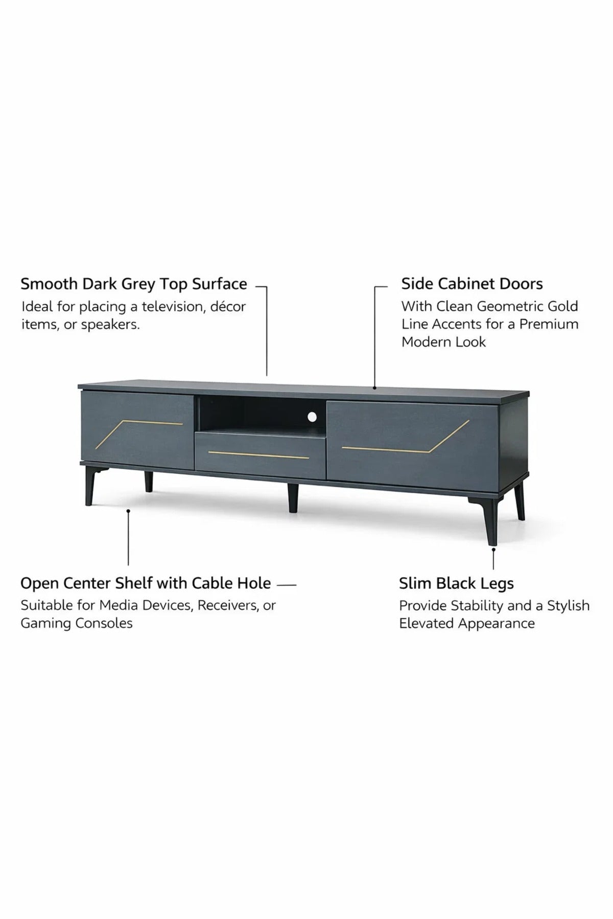 Dark Grey TV Stand √ê 140x40x45 cm Modern Plasma Table with Cabinets & Open Shelf