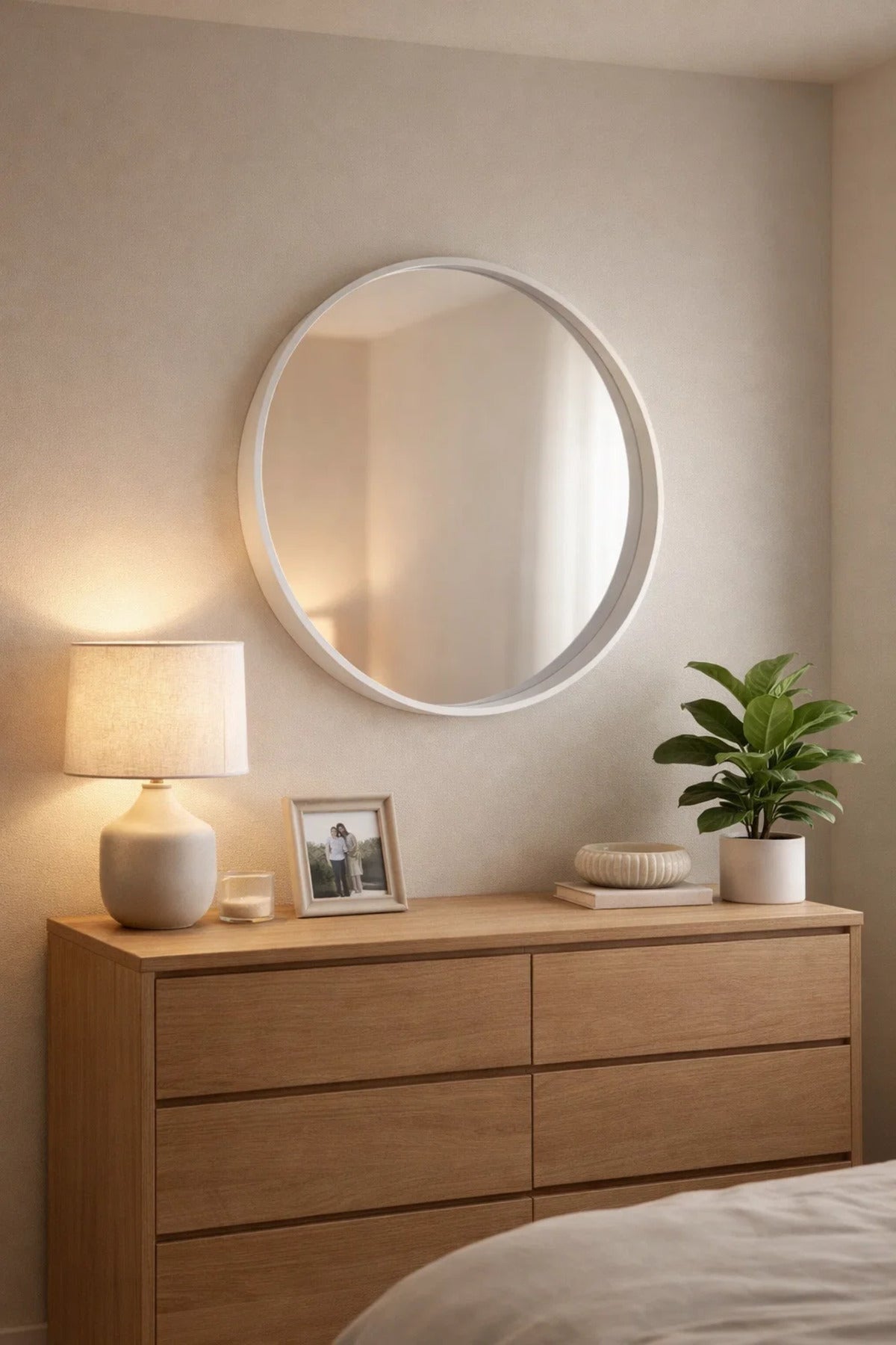 Premium White Round Wall Mirror 80cm Wooden Frame Large Modern Circle Bathroom Vanity Hallway Decor