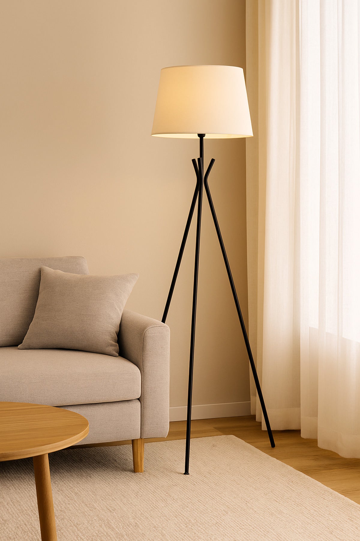Modern Tripod Floor Lamp Ð Black Metal Stand with Beige Fabric Shade for Living Room & Bedroom