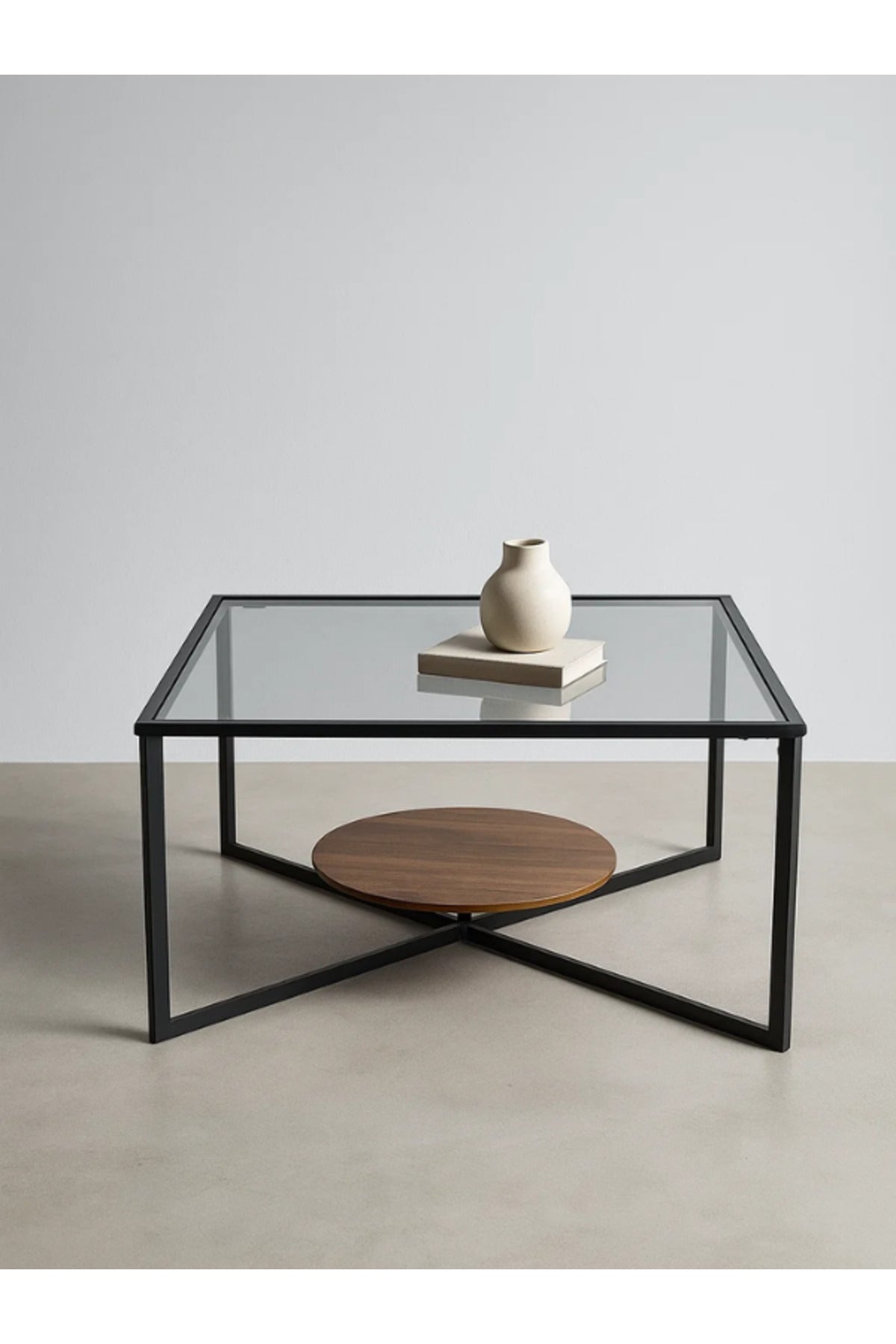 Modern Coffee Table with Black Metal Frame and Brown Wood Shelf Glass Top Table 75_75_46cm