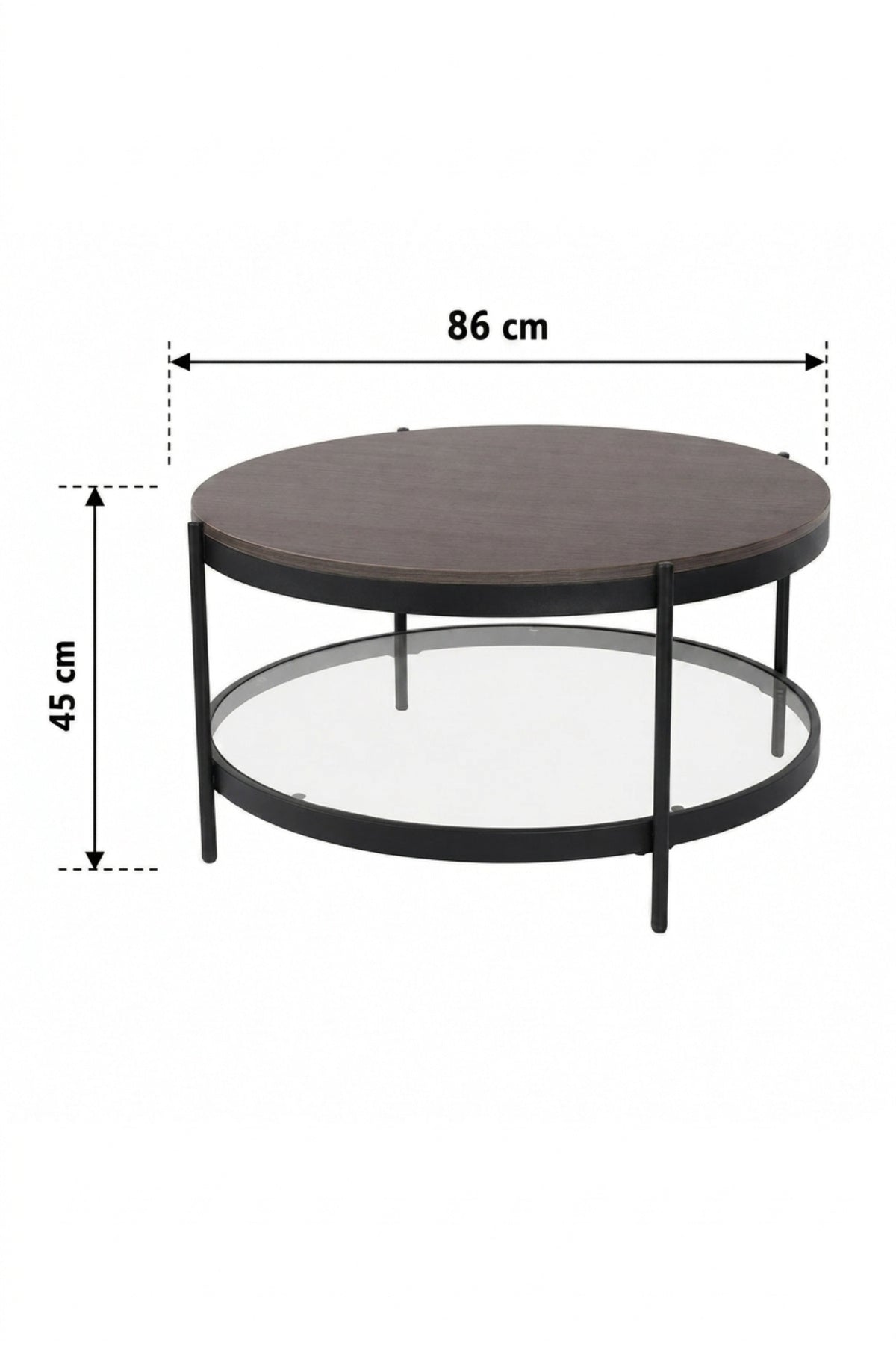 Modern Round Coffee Table Wooden Top with Glass Shelf Center Table for Living Room Black