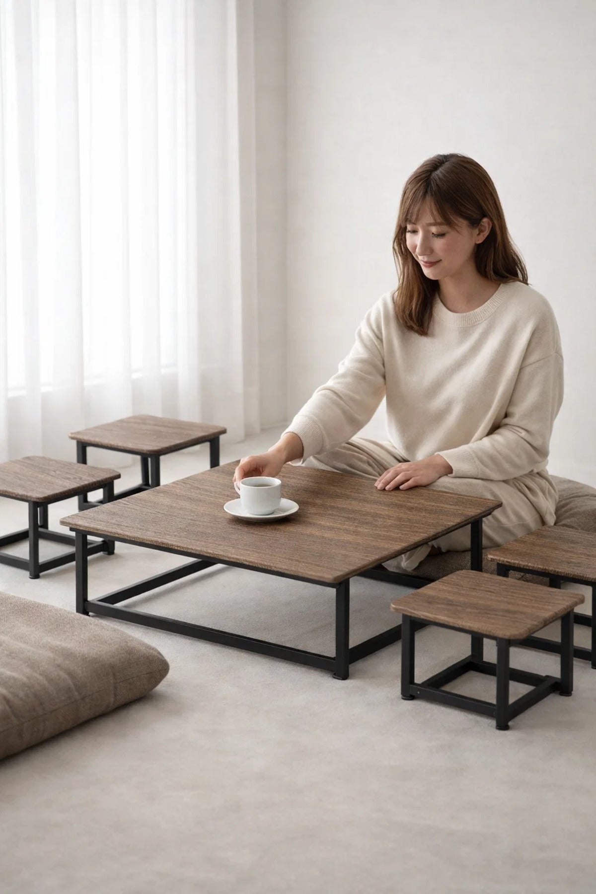 5 Piece Low Center Table Set Industrial Wood Metal Frame Square Coffee Table for Floor Seating Area