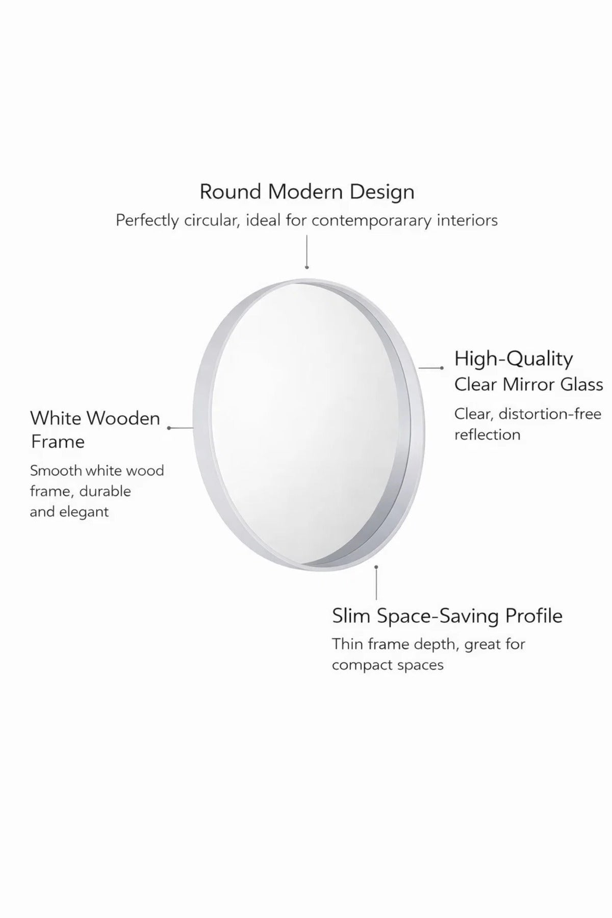 White Round Wooden Wall Mirror 70x70cm Modern Hanging Decor for Bathroom Entryway Bedroom Vanity
