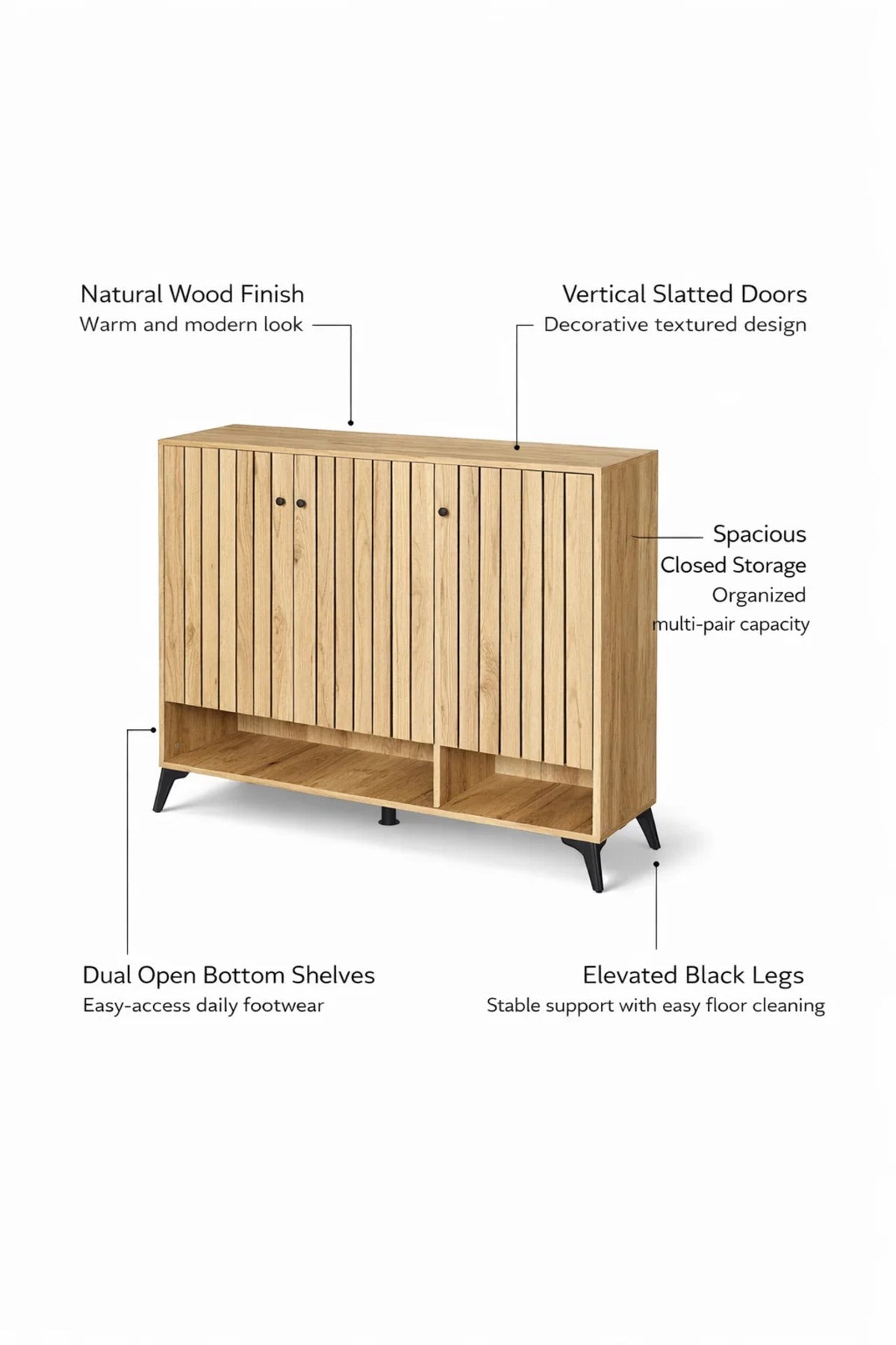 Stylish Wooden Shoe Cabinet Entryway Organizer with Slatted Doors and Metal Legs for Home Decor