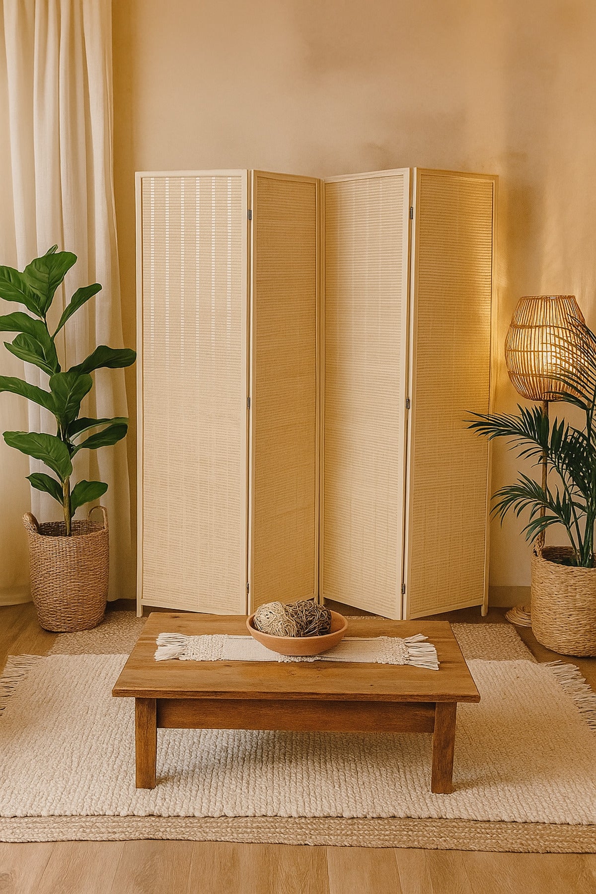 4-Panel Natural Rattan Room Divider Ð 180_200 cm Foldable Privacy Screen in Beige