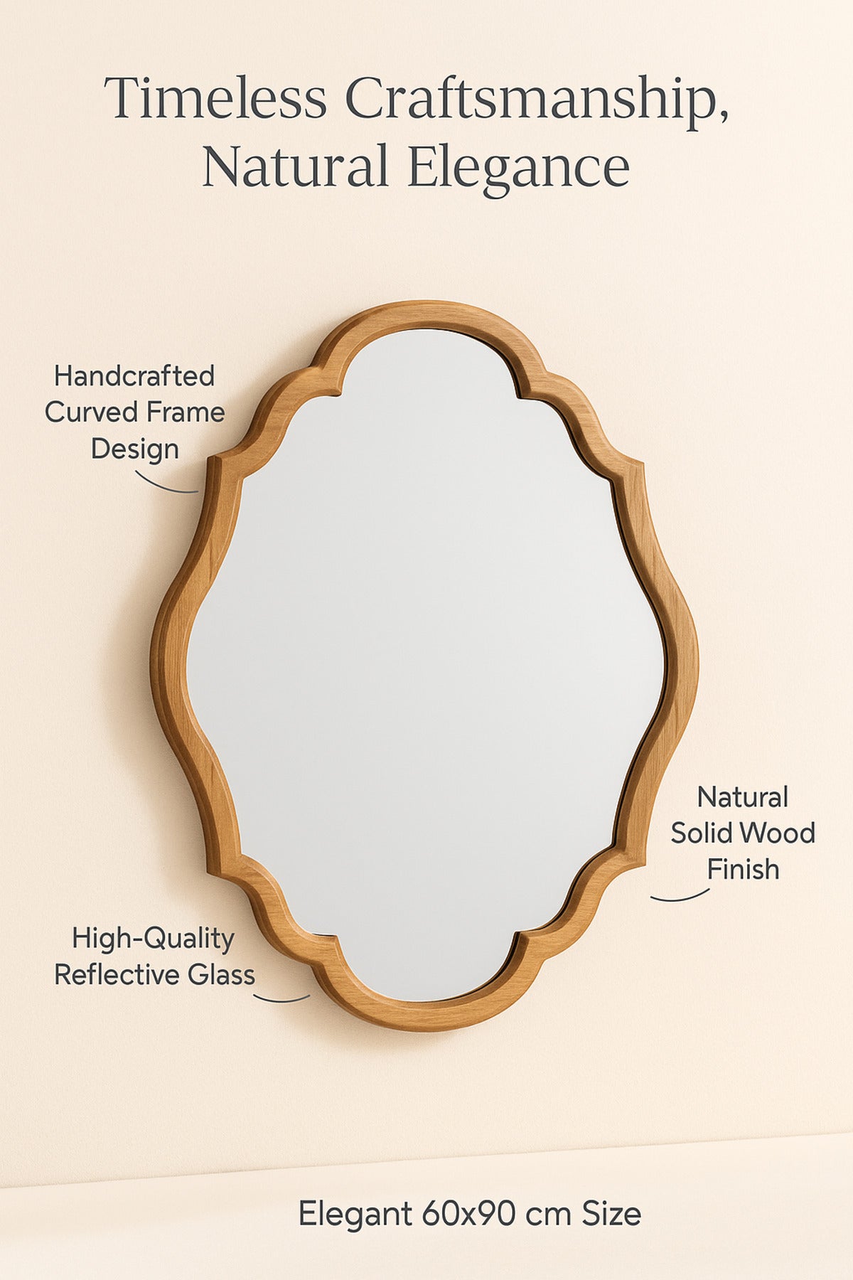 Decorative Wall Mirror with Curved Wooden Frame Ð Natural Finish 60_90 cm